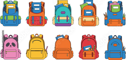 Set of ten colorful school backpacks and rucksacks for students featuring various designs including a cute pink panda and bags filled with books