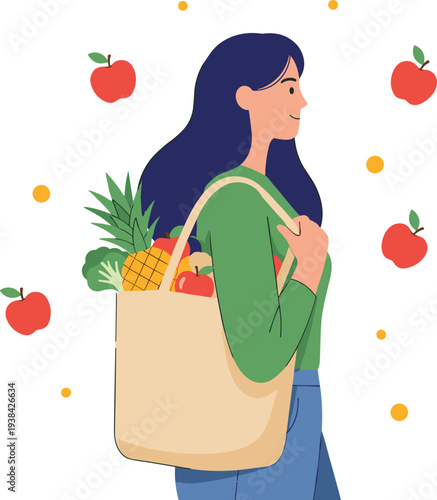 Smiling woman carrying eco friendly reusable tote bag filled with fresh organic fruit and vegetables including pineapple and red apples