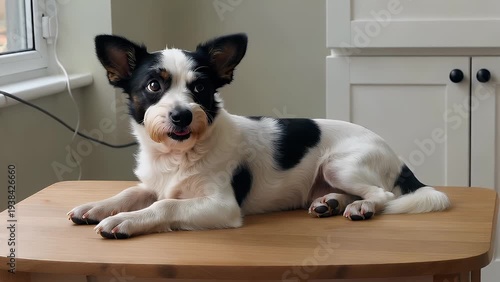 Adorable White and Tan Short-Coated Terrier Canine Resting on a Wooden Surface in a Minimalist Home