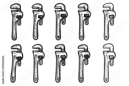 A neat array of sketched pipe wrenches are presented on a clean, white backdrop, useful for design, construction or repair themed materials.