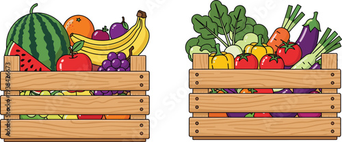 Two wooden crates filled with various fresh organic fruit and vegetables including watermelon banana grapes apple carrots tomato and bell peppers