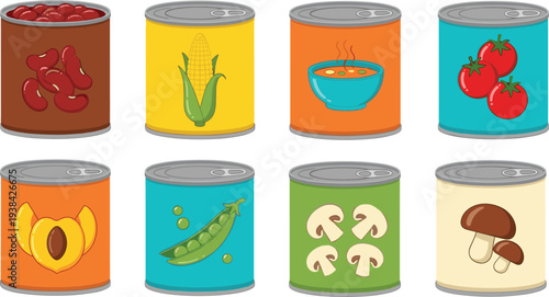 Vector illustration set of colorful canned food tins including beans corn soup tomatoes peach peas and mushrooms for pantry grocery storage