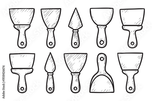 Hand-drawn illustration of different types of putty knives. Black and white, isolated on white. Ideal for construction, renovation, DIY, home repair and construction-related designs.