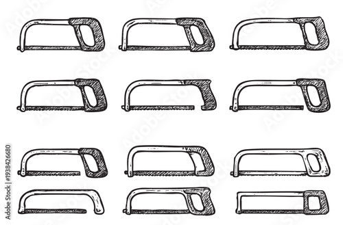 Collection of nine hand drawn hacksaw illustrations, set against a clean white background; ideal for design, DIY projects, and carpentry themes.