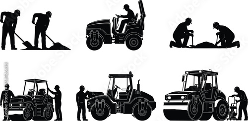 Vector silhouettes of construction workers operating heavy machinery and road rollers for paving and industrial building projects isolated on white background