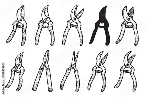 Line art illustration features various pruning shears, one in silhouette, sketched against a clean white background, useful for gardening or creative design.