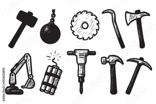 Hand-drawn construction tools sketch showcases a dynamic collection of essential implements: hammer, axe, dynamite, excavator, and saw, rendered in bold black lines against a clean white backdrop.
