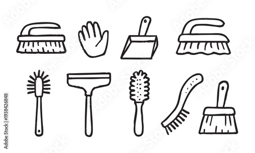 Black and white doodle style set of cleaning tools including brushes, a glove and dustpan for hygiene or cleaning themed design projects.