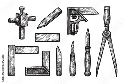 Vintage style illustration of woodworking tools, including a marking gauge, pencil, square, and calipers on a clean white background, perfect for design projects.