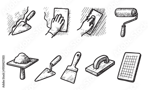 Collection of hand-drawn construction tools, including trowel, roller, sponge, and mortar, ideal for renovation projects and construction-related illustrations.