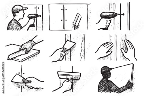 Illustration depicting various drywall installation stages, in hand drawn sketch style, showcasing patching, sanding, and securing with screws. Useful for guides or home improvement content.