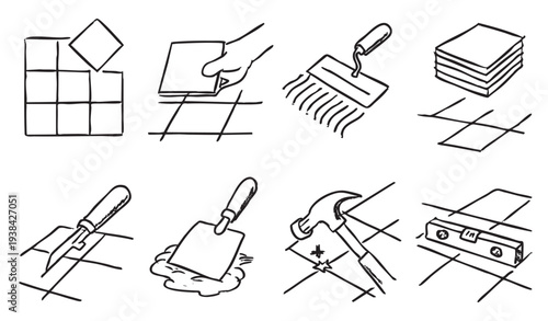 Hand-drawn vector illustration showing tile installation process and tools, perfect for DIY projects, construction guides, or home improvement content, sketched in black and white.