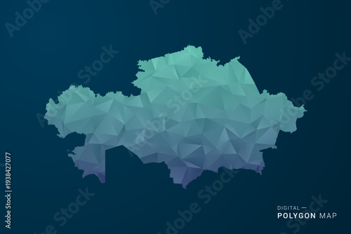Kazakhstan Map - Polygon Style Vector Illustration with Teal Blue Gradient, Low Poly Geometric Design, Digital and Technology Inspired, Clean Silhouette on Dark Background.