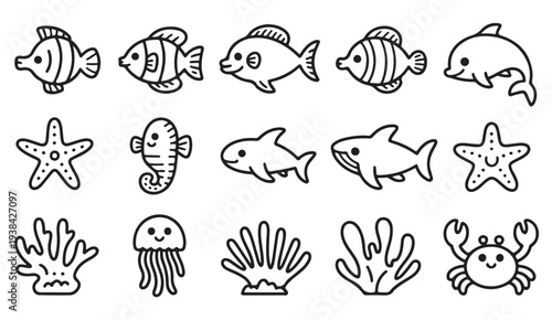 Marine Life Line Icons Collection for Ocean and Underwater Animals