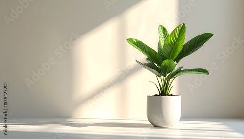 Green potted plant against sunlit wall