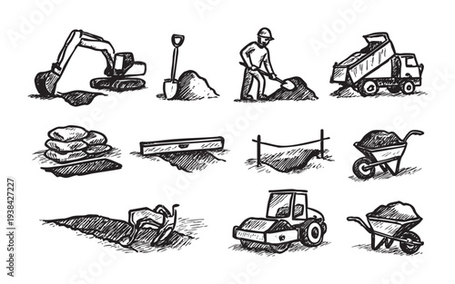 Hand-drawn construction equipment sketch illustration including an excavator, worker shoveling, dump truck, and other construction tools, isolated on a white background.