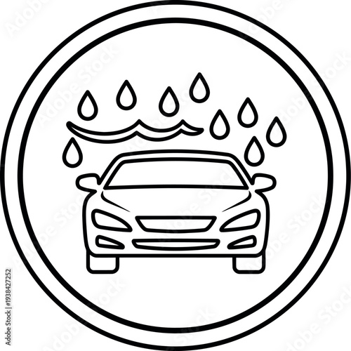 Simple black and white line icon representing a vehicle receiving a thorough car wash service