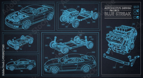 Automotive Design Blueprints of Car Components and Engine.