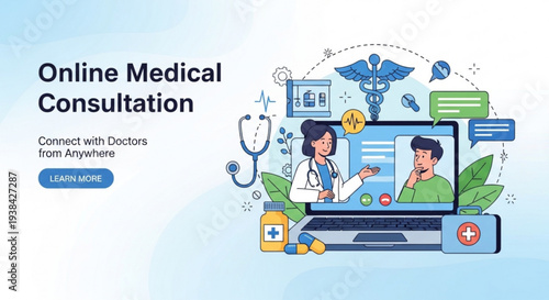 Online medical consultation on laptop with doctor and patient discussing health