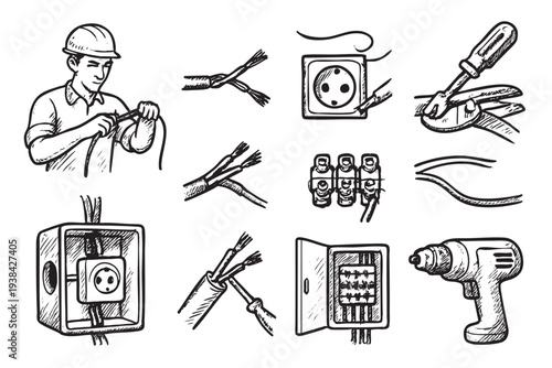 Hand-drawn black and white sketch of an electrician working on electrical wiring, outlets, tools, and panel; suitable for DIY, safety, or electrical engineering concepts.