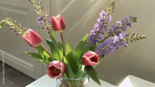 A cheerful daytime greeting presented alongside a vibrant arrangement of seasonal blossoms in a container