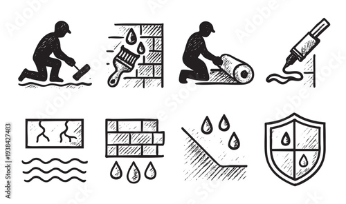 Black and white sketch icons showing waterproofing process and materials, providing clear visuals for construction, home repair, and property maintenance content needs.