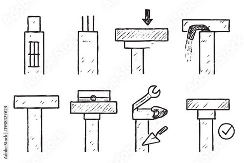 A set of hand-drawn illustrations depicts various wood joints and woodworking techniques in black and white, ideal for instructional guides or manuals.
