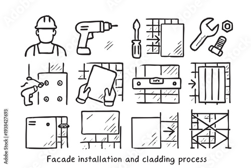 Hand-drawn illustration showing the steps of facade cladding installation, including tools, a worker, and the process from start to finish. Perfect for illustrating construction concepts.