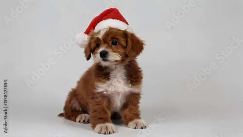 An adorable and festive small dog with a reddish-brown coat wearing a classic holiday Santa Claus hat while positioned on a plain white backdrop