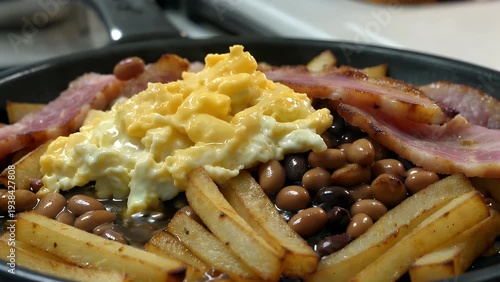 A Prepared Meal of Whisked Eggs Pan-Fried with Cured Spiced Ham Accompanied by Simmered Legumes and Seasoned Potatoes