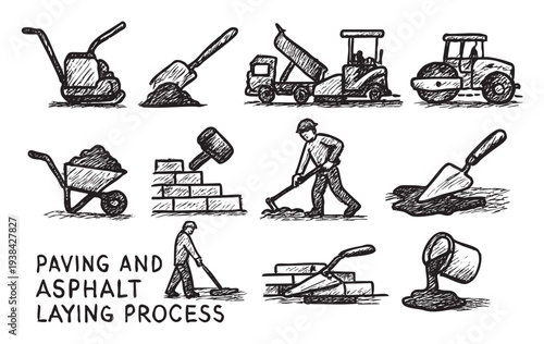 A black and white sketch illustration depicts construction equipment, worker and materials used in asphalt paving and bricklaying, evoking a hand-drawn and technical feel.