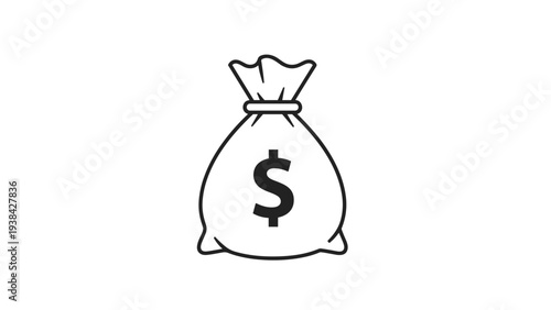Large canvas money bag with a black dollar symbol isolated on a white background representing wealth and success.