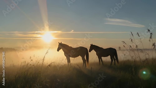Pair of Equine Outlines Visible in a Meadow Enveloped by Sunlit Morning Haze and Dew-Covered Vegetation