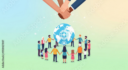 Diverse people join hands around the globe in unity and cooperation for a better world together