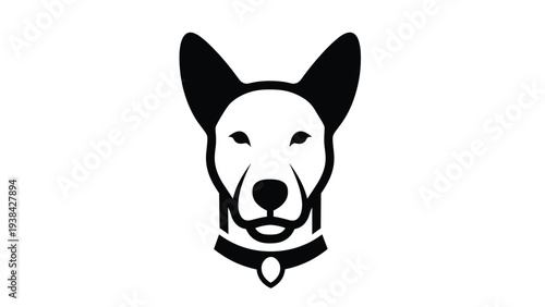 Minimalist black and white illustration of a loyal dog head wearing a collar with a small tag for pet security.