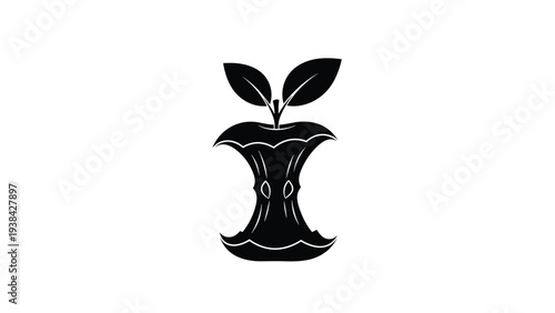 Black silhouette of an apple core with two leaves on top representing food waste and sustainable organic recycling.