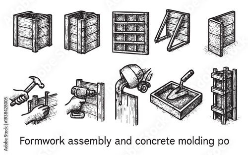 A monochrome illustration depicts various stages of construction formwork and concrete molding, featuring assembling and tools, showcasing building processes. Perfect for architectural.
