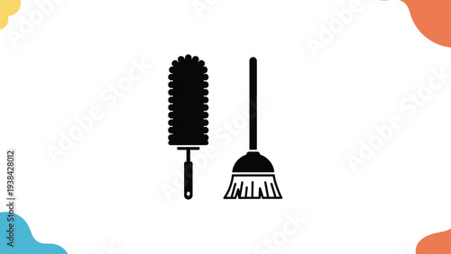 Household cleaning supplies featuring a feather duster and a traditional broom silhouette for home maintenance.
