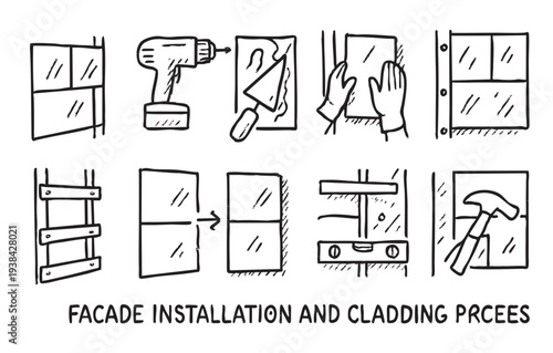 Hand drawn illustrations showing the process of facade installation and cladding, including tools and different stages. Vector illustration, isolated on white, DIY, construction concept.