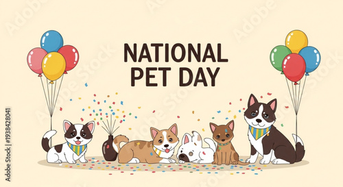 Corgis and cats celebrate national pet day with colorful balloons and confetti on a beige background