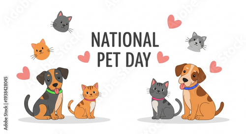 National pet day celebration with dogs and cats surrounded by hearts
