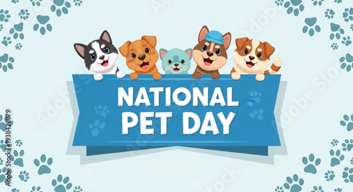 Cute cartoon dogs and cat celebrate national pet day with blue banner