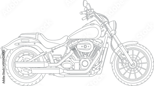 Outline drawing of a classic cruiser motorcycle, perfect for coloring and design projects.