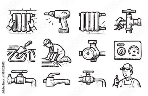 Hand-drawn sketch illustration of plumbing repair icons: radiator, drill, pipes, tap, faucet, worker. Use this clean image to convey plumbing, fixing, renovation, maintenance.
