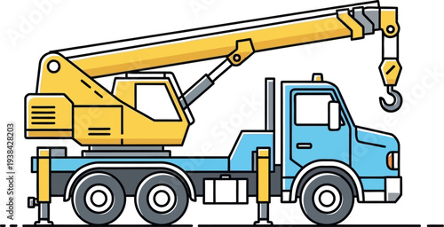 Side view illustration of a blue and yellow boom crane truck.