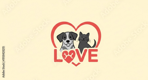 Heartfelt illustration of dog and cat in love symbol with red heart on beige background