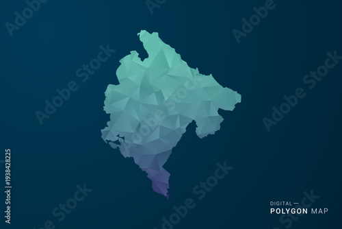 Montenegro Map - Polygon Style Vector Illustration with Teal Blue Gradient, Low Poly Geometric Design, Digital and Technology Inspired, Clean Silhouette on Dark Background.
