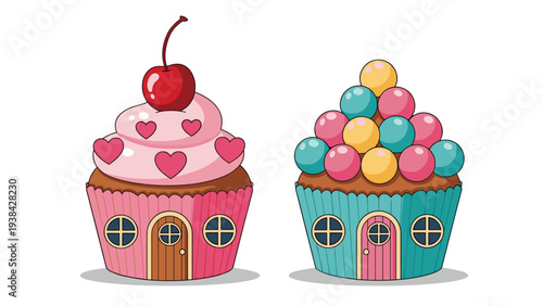 Whimsical cupcake-shaped houses with windows and doors decorated with hearts and colorful round candy tops.