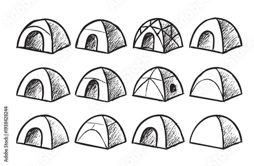 Seamless camping tents pattern illustrated with a doodle style on a white background; great for wallpapers, textiles, and any design projects needing a outdoorsy feel.