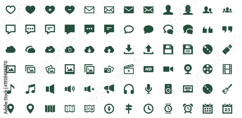 Green Minimalist Web and Mobile UI Icon Set for Communication, Multimedia, and Navigation